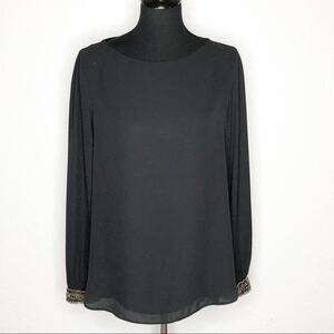 Wallis black semi sheer beaded sleeve cuff top size Medium